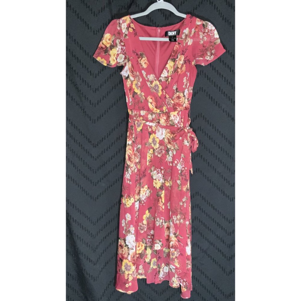 🎉 DKNY Floral Chiffon Wrap Midi Dress - Size 2